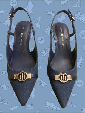 Tommy Hilfiger Navy Pointed Toe Slingback Mules with Gold TH Emblem